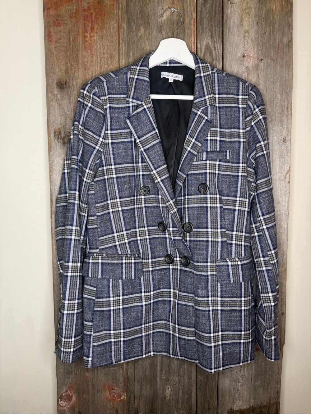 Heartloom Double-Breasted Plaid Blazer in Blue and White size Medium - Picture 2 of 10